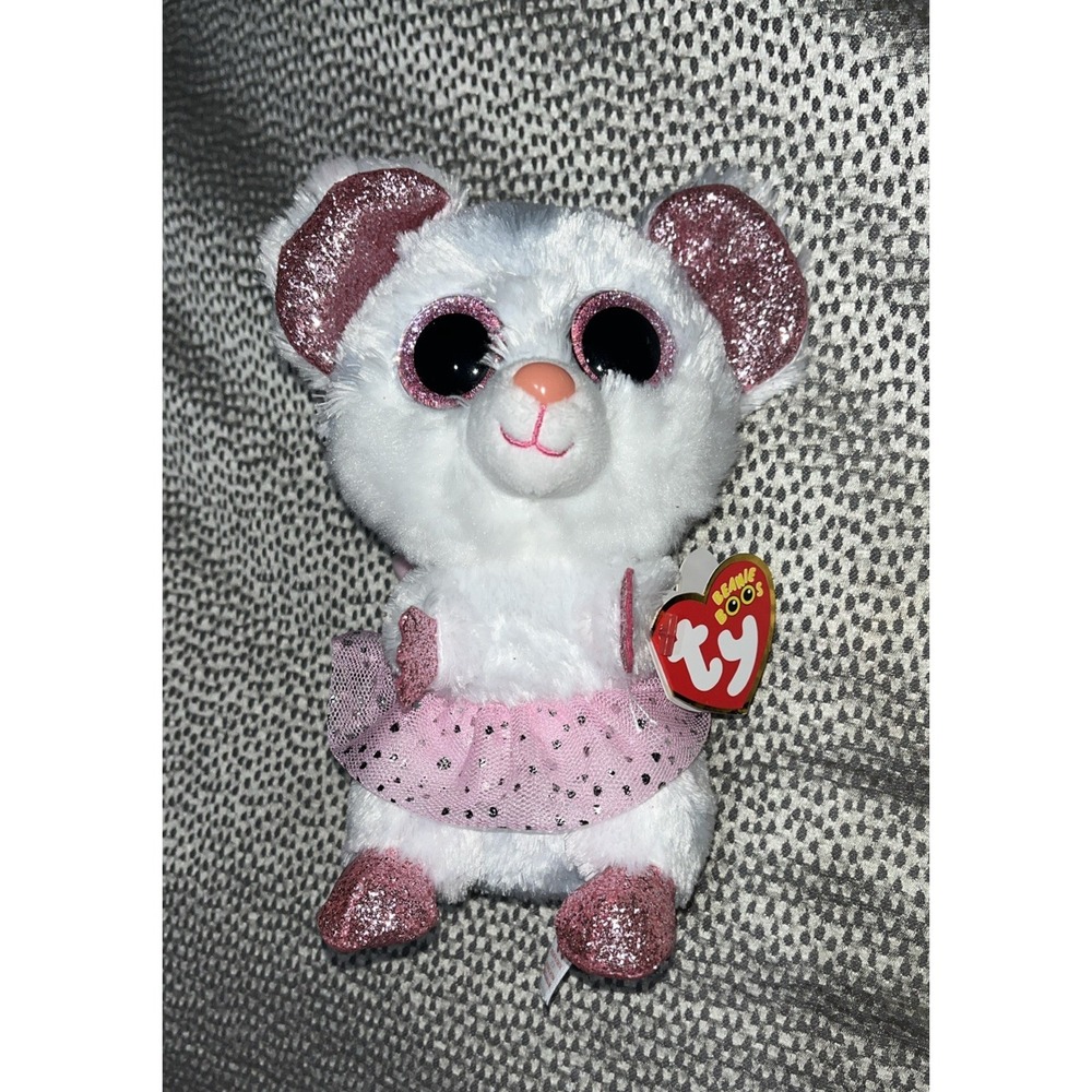TY Silk Beanie Boos Plush NINA White Pink Ballerina Mouse 6"  NEW‎ with tags